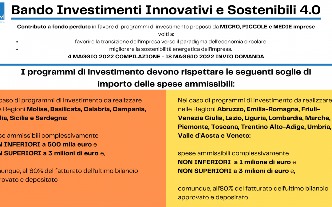 Bando Investimenti Sostenibili 4.0: APERTURA