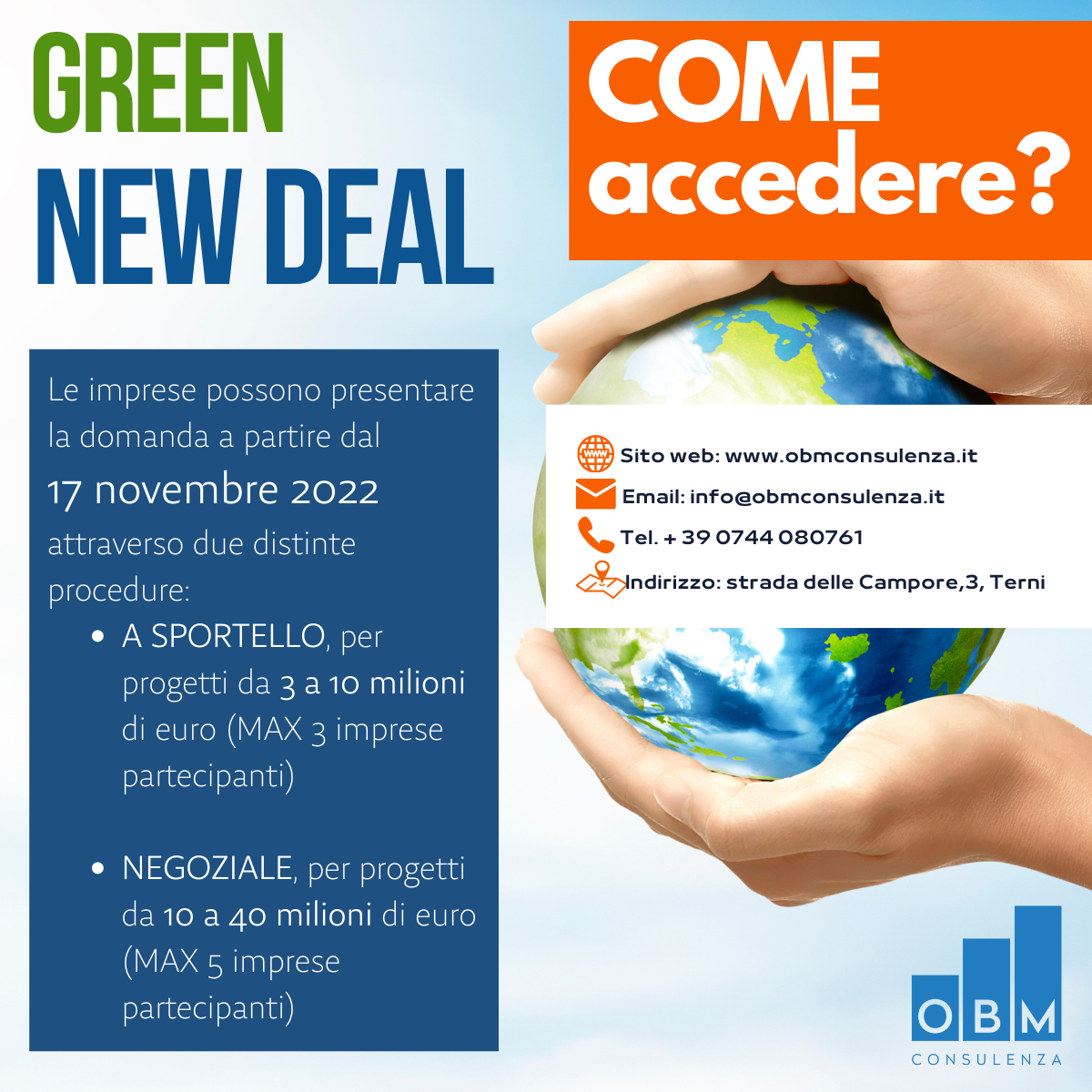 GREEN NEW DEAL: 17 novembre INVIO DOMANDE