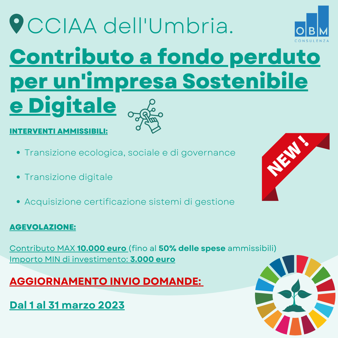 Aggiornamento bando regione Umbria: impresa sostenibile e digitale - invio domande dal 1 al 31 marzo 2023