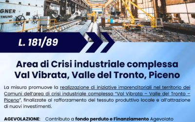 L. 181/89. Area di crisi complessa Val Vibrata, Valle del Tronto, Piceno: invio domande dal 4 luglio 2023