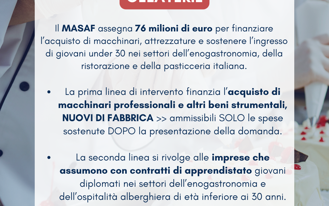 Contributi a fondo perduto per RISTORAZIONE, PASTICCERIE e GELATERIE: APERTURA BANDO